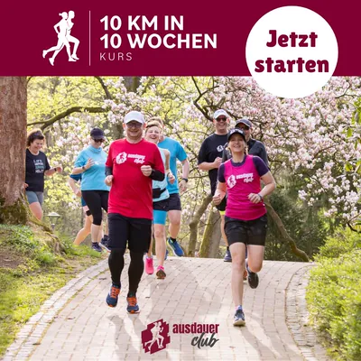 Kurs 10 Kilometer in 10 Wochen: Laufgruppe auf einem Parkweg