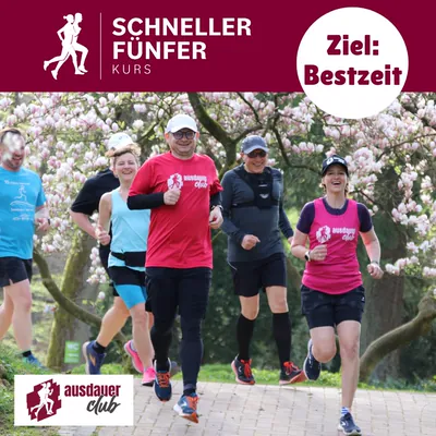 Kurs #Schneller5er: Laufgruppe unter blühenden Bäumen